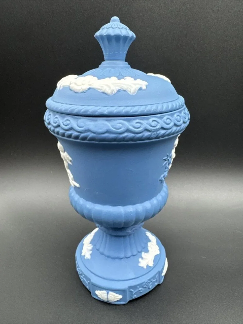 Vintage Blue Jasperware Style Ornate Cherub Floral Urn Apothecary 8”